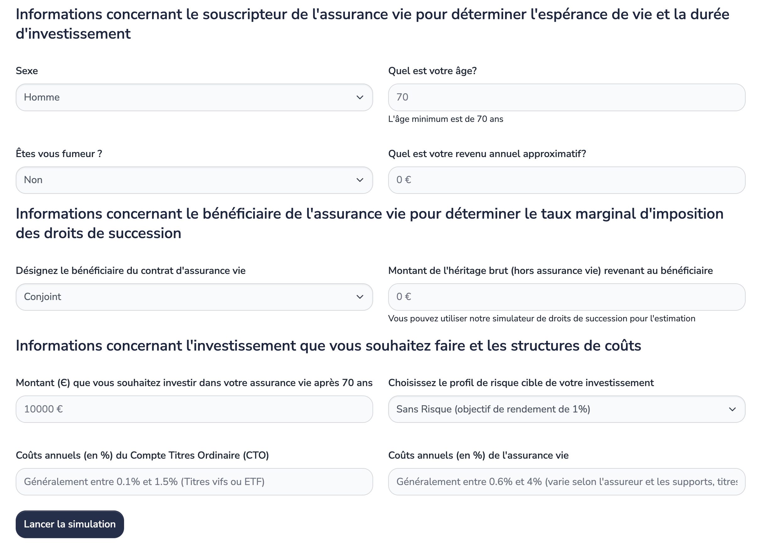 Questionnaire pour simulation assurance vie après 70 ans versus CTO